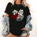 Women's Black Cotton Graphic T Shirt Featuring Leopard and Checkered Heart Prints with Love Lettering Loose Fit Round Neck Short Sleeve Breathable Casual Top for Summer Events and Daily Wear Trendy Comfortable Ladies T Shirt