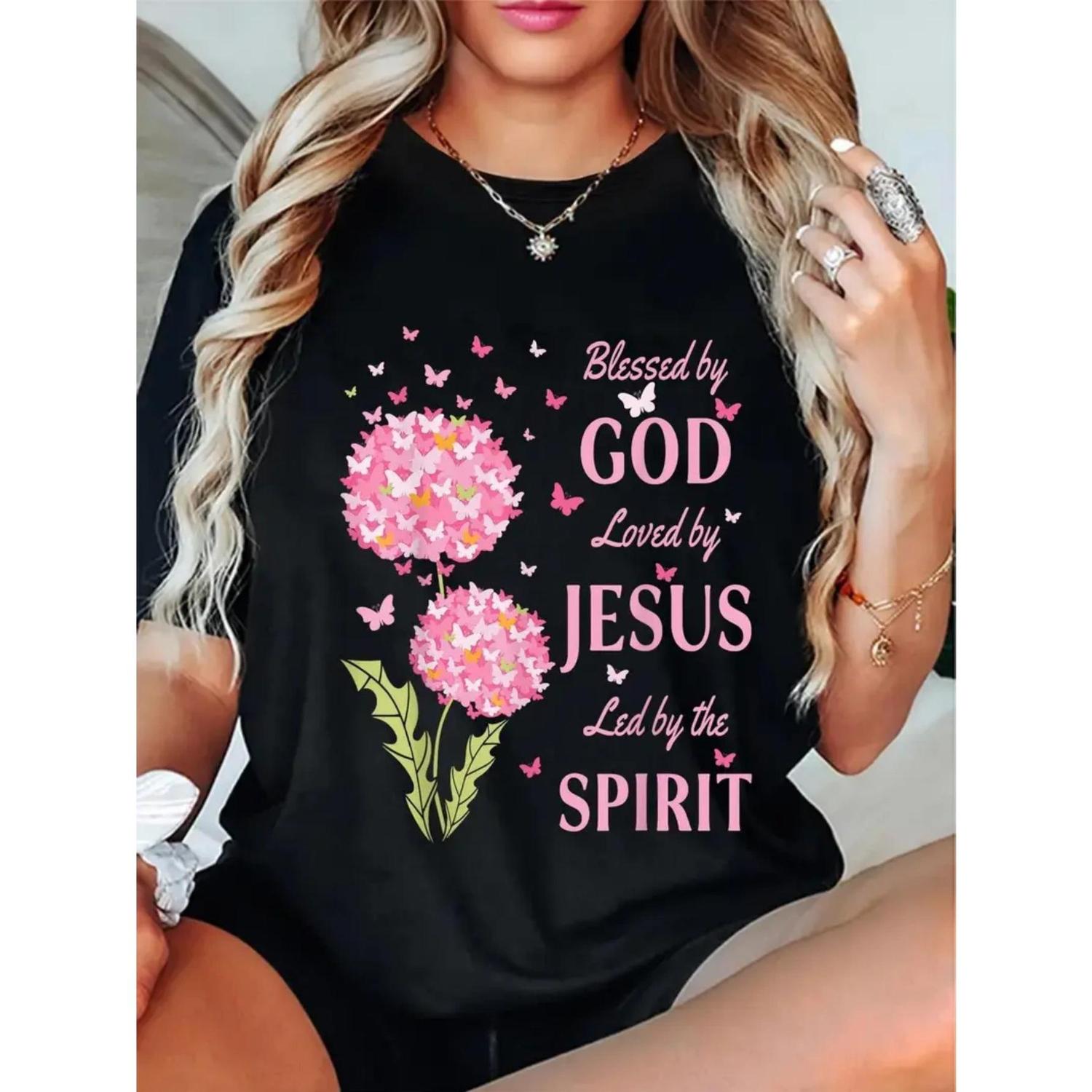 Casual Short Sleeve Round Neck T Shirt for American Women Featuring Religious Theme Blessed by God Loved by Jesus Led by Spirit Creative Breathable Fashion