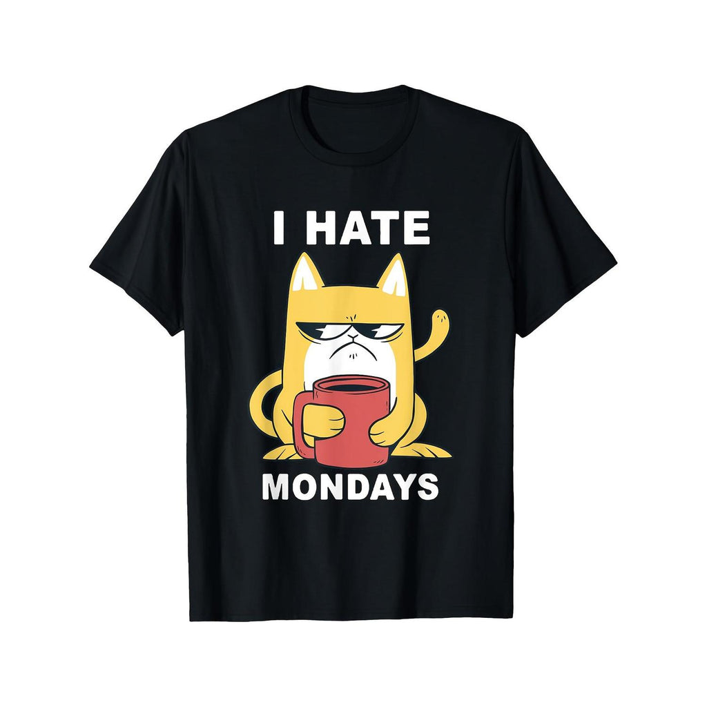 Funny I Hate Mondays Coffee Cat Graphic T Shirt for Men Black Casual Short Sleeve Round Neck Tee with Humorous Design Machine Washable Relaxed Fit Cat Themed Weekend Outfit Bold Text Durable Print Printed Top