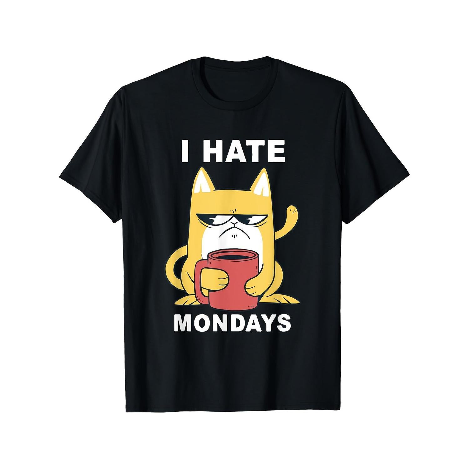 Funny I Hate Mondays Coffee Cat Graphic T Shirt for Men Black Casual Short Sleeve Round Neck Tee with Humorous Design Machine Washable Relaxed Fit Cat Themed Weekend Outfit Bold Text Durable Print Printed Top