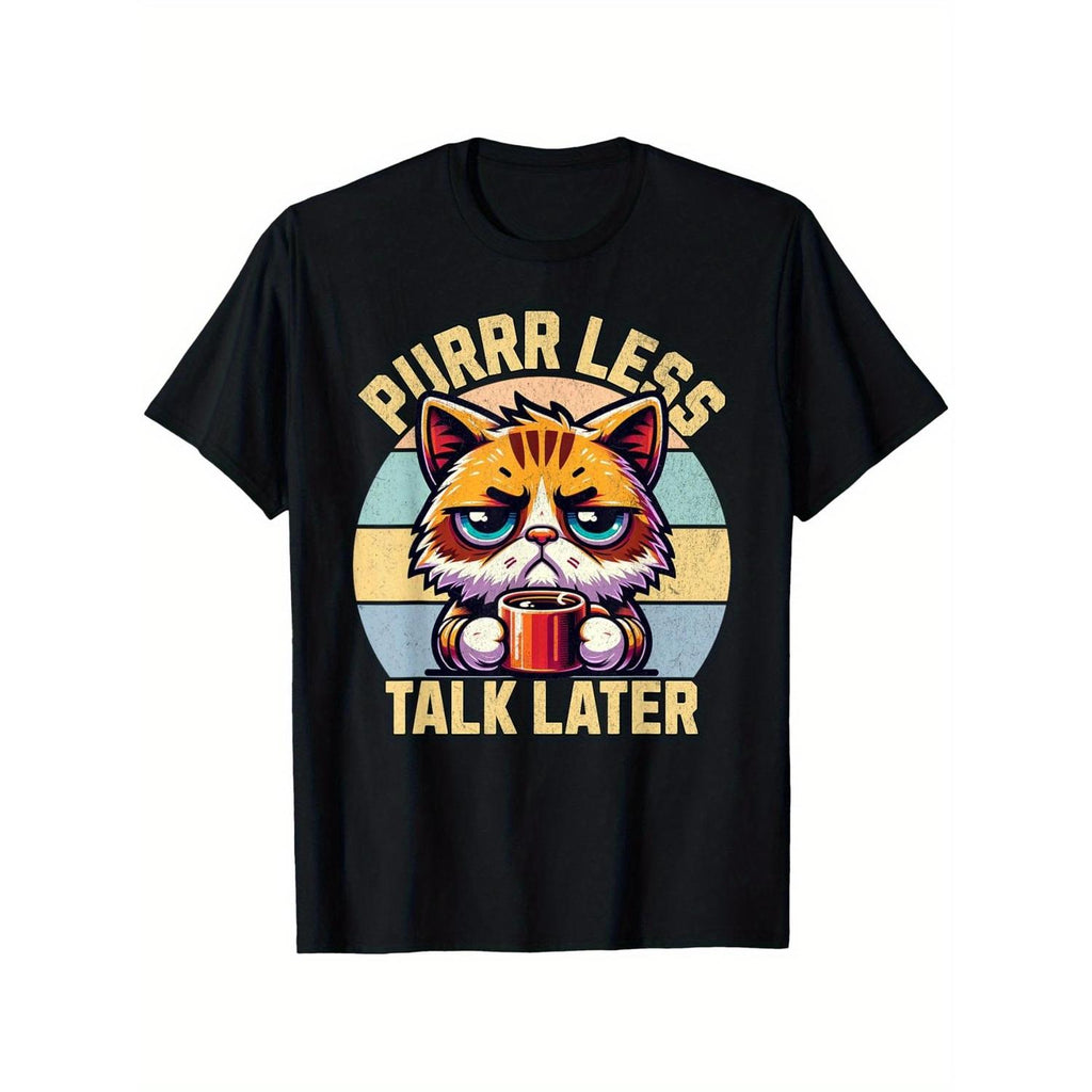 Purrr Less Funny Coffee Cat Graphic T Shirt for Men and Women 100 Percent Cotton Casual Short Sleeve Tee with Purrarr Less Talk Later Slogan Retro Stripes and Geometric Design All Season Comfort Unisex Clothing Playful Design and Easy Care