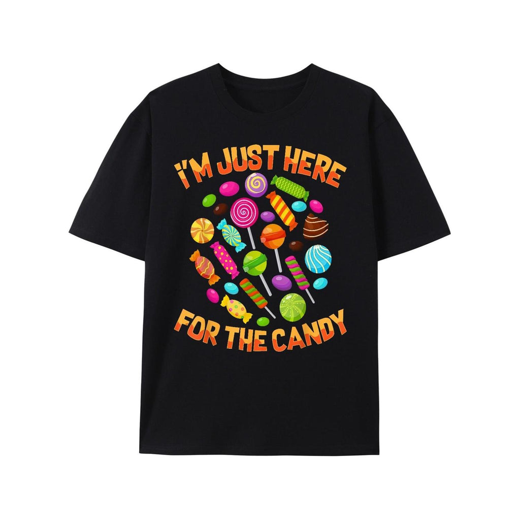 Mens Retro Candy Carnival Graphic TShirt Featuring Im Just Here For The Candy Print 100Cotton Crew Neck Short Sleeve Casual AllSeason Outdoor Party Playful Design Comfortable Fit