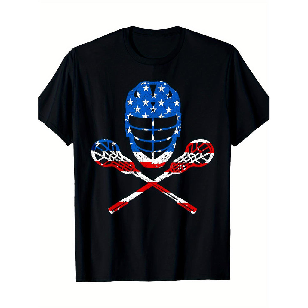 Patriotic Lacrosse Helmet And Crossed Sticks Graphic TShirt Made Of 100 Percent Cotton Machine Washable Unisex Tee For Men And Women Black Perfect Independence Day And Easter Gift For Sports Fans Parents Friends And Casual Wear With Bold Print