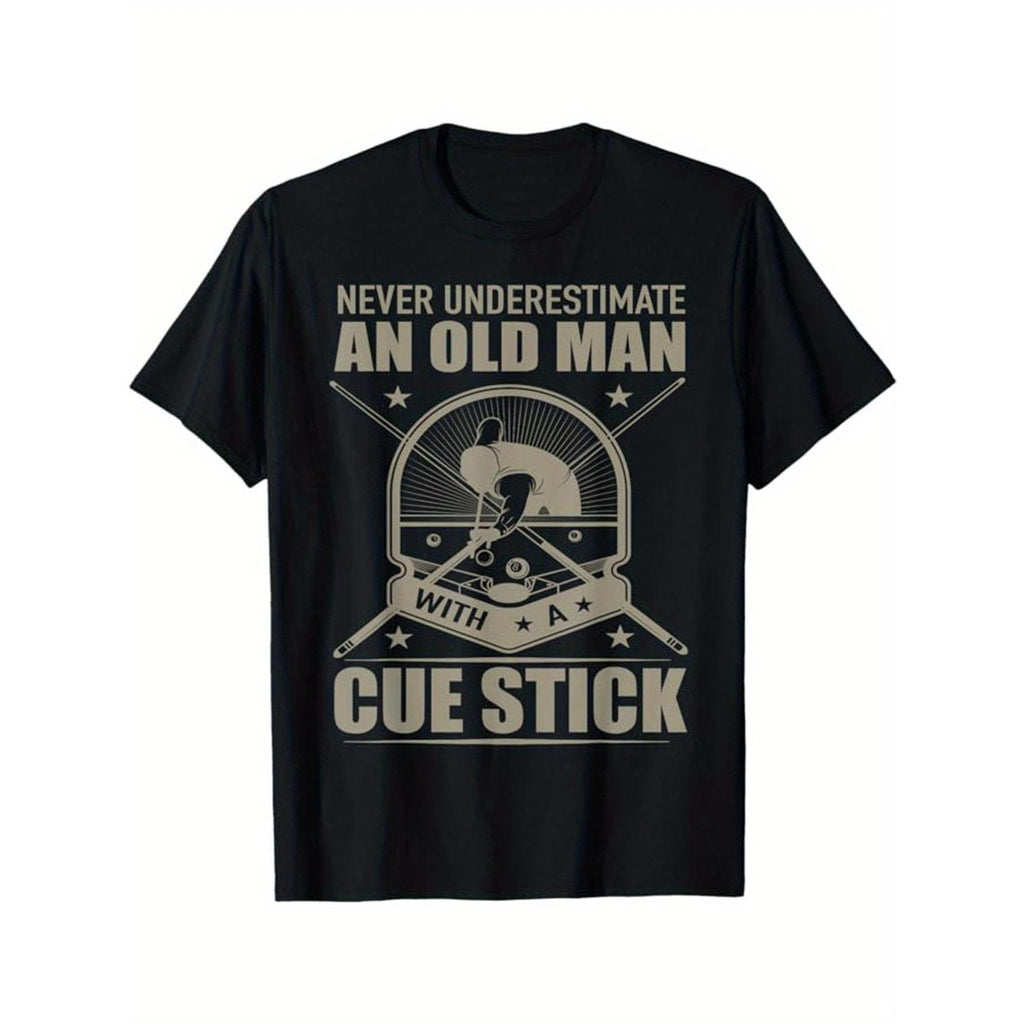 Mens Never Underestimate An Old Man With A Cue Stick Graphic Tee 100 Percent Cotton Casual Round Neck Short Sleeve TShirt All Season Comfort Machine Washable Black With Pool Table And Stars Design Retro Style Tee