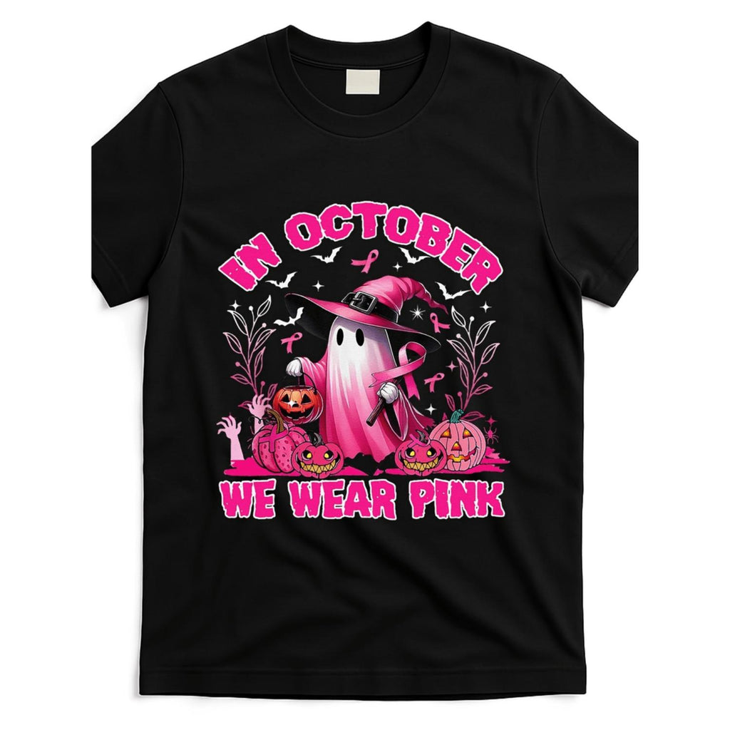 October Pink Ghost Witch Breast Cancer Awareness Gift T Shirt Unisex Soft Breathable Lightweight Comfortable Cotton Crew Neck Short Sleeve