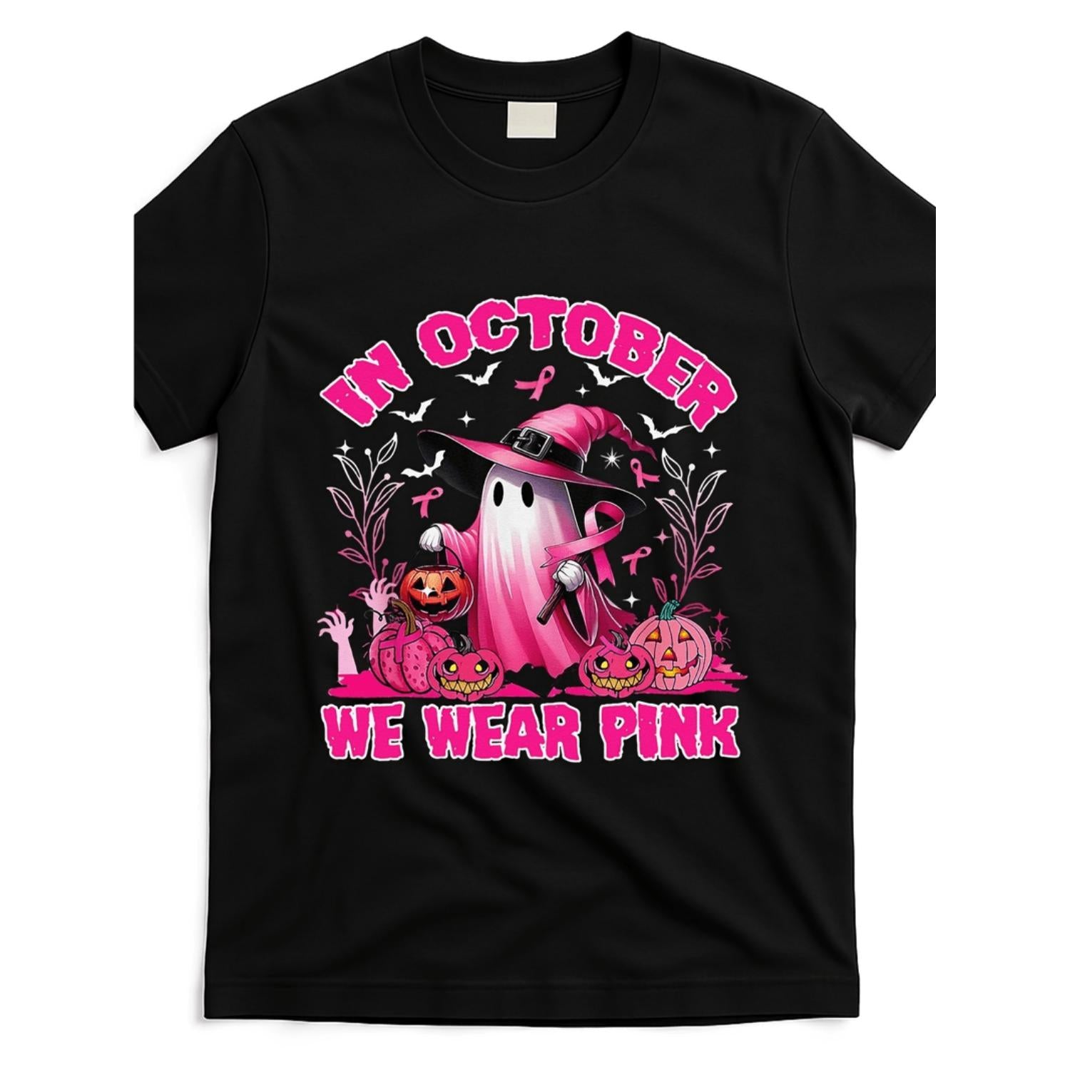 October Pink Ghost Witch Breast Cancer Awareness Gift T Shirt Unisex Soft Breathable Lightweight Comfortable Cotton Crew Neck Short Sleeve