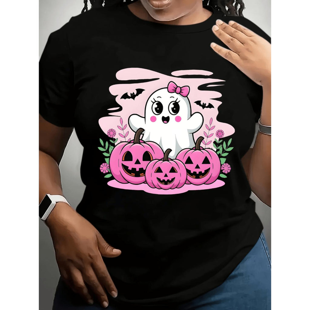 Plus Size Women's Halloween Graphic T Shirt Featuring Cute Pink Ghost and Pumpkin Design Soft Breathable Lightweight Casual Top for Holiday Party and Everyday Wear