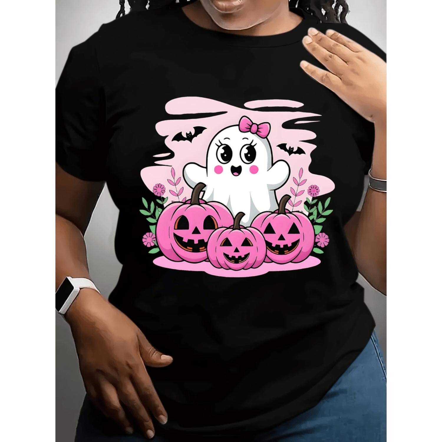 Plus Size Women's Halloween Graphic T Shirt Featuring Cute Pink Ghost and Pumpkin Design Soft Breathable Lightweight Casual Top for Holiday Party and Everyday Wear