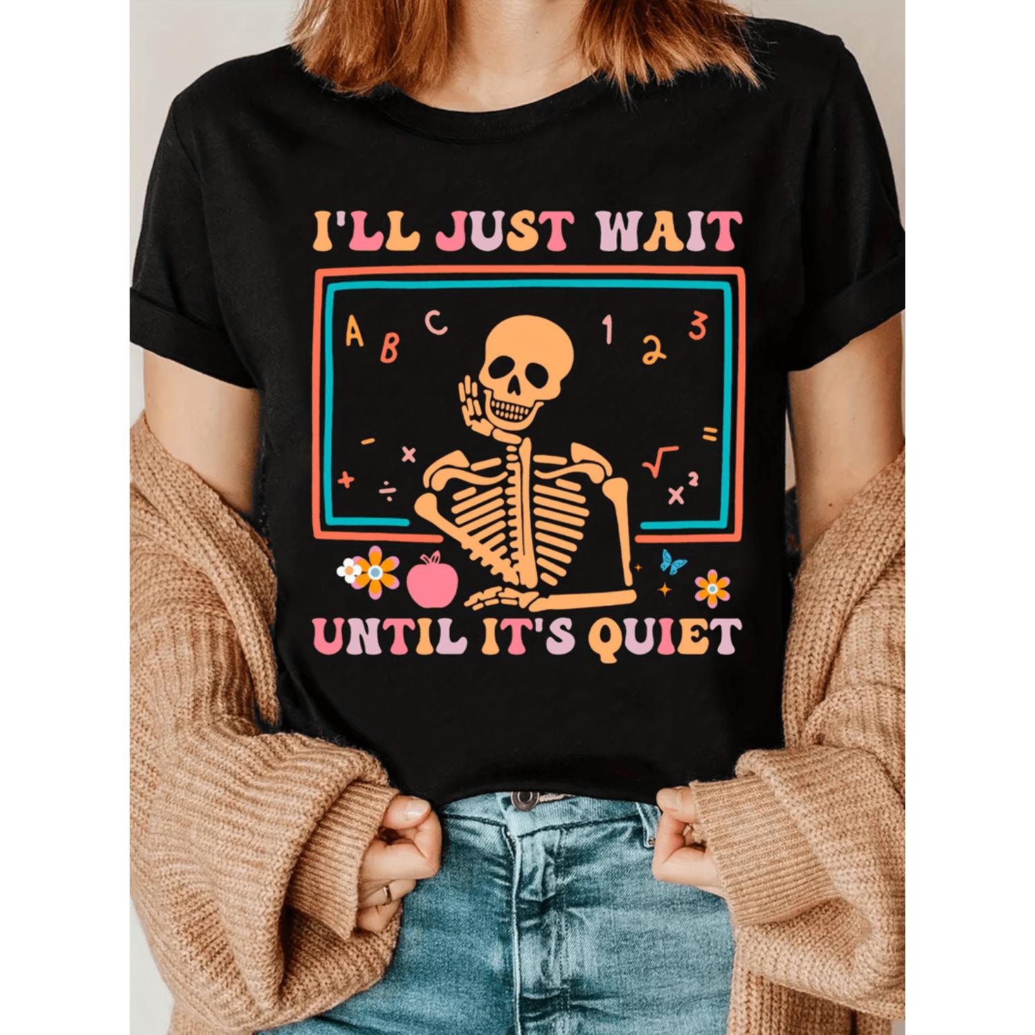 Casual Short Sleeve Women's TShirt with Skeleton Guitar Graphic Featuring Colorful Geometric Patterns Round Neck Summer Wear Perfect for Teachers and Humorous Gift