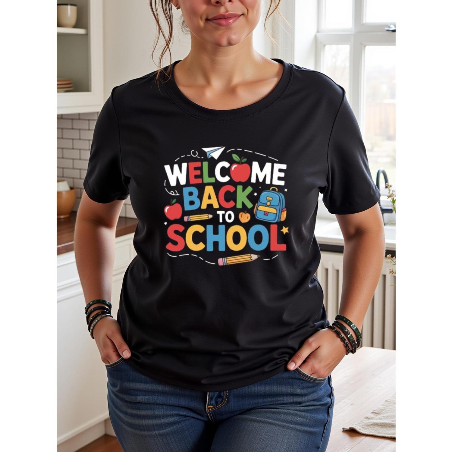 Womens Welcome Back To Graphic Tee Featuring Colorful Apple Pencil And Backpack Design Casual Short Sleeve Shirt For Teachers Perfect For Fall Season Comfortable Fit And Playful Style