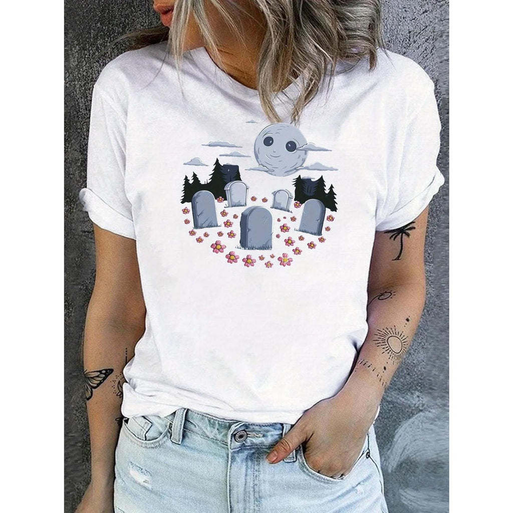 Womens Short Sleeve TShirt Featuring Nighttime Cemetery Scene With Tombstones Full Moon And Floral Accents Casual Round Neck Regular Fit Machine Washable All Season Top Easycare Unique Graphic Tee Quality Print Shirt