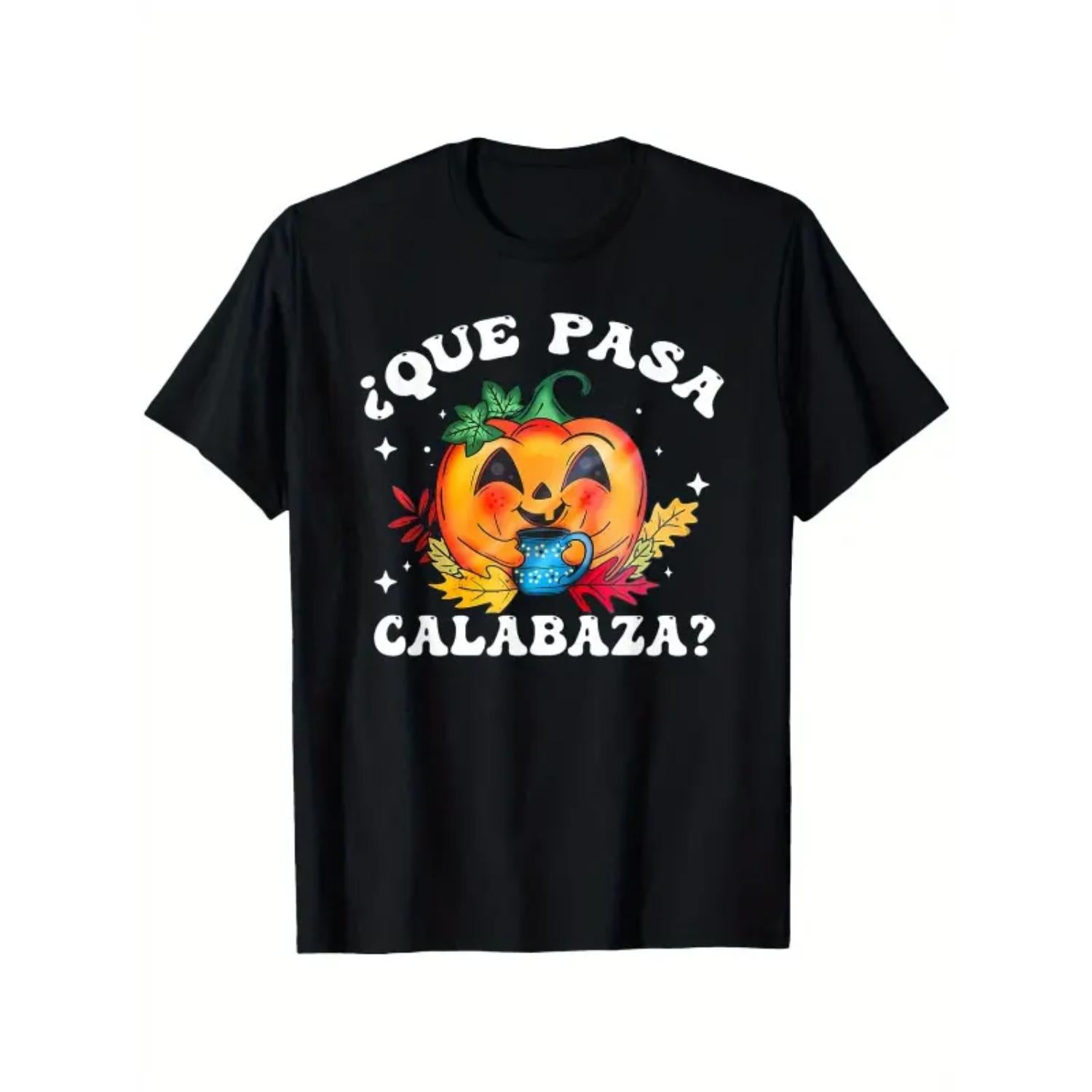 Mens Cotton Relaxed Fit Graphic TShirt Featuring Halloween Pumpkin And Spanish Text Print Black Casual Tee For Everyday Wear And Themed Parties Machine Washable