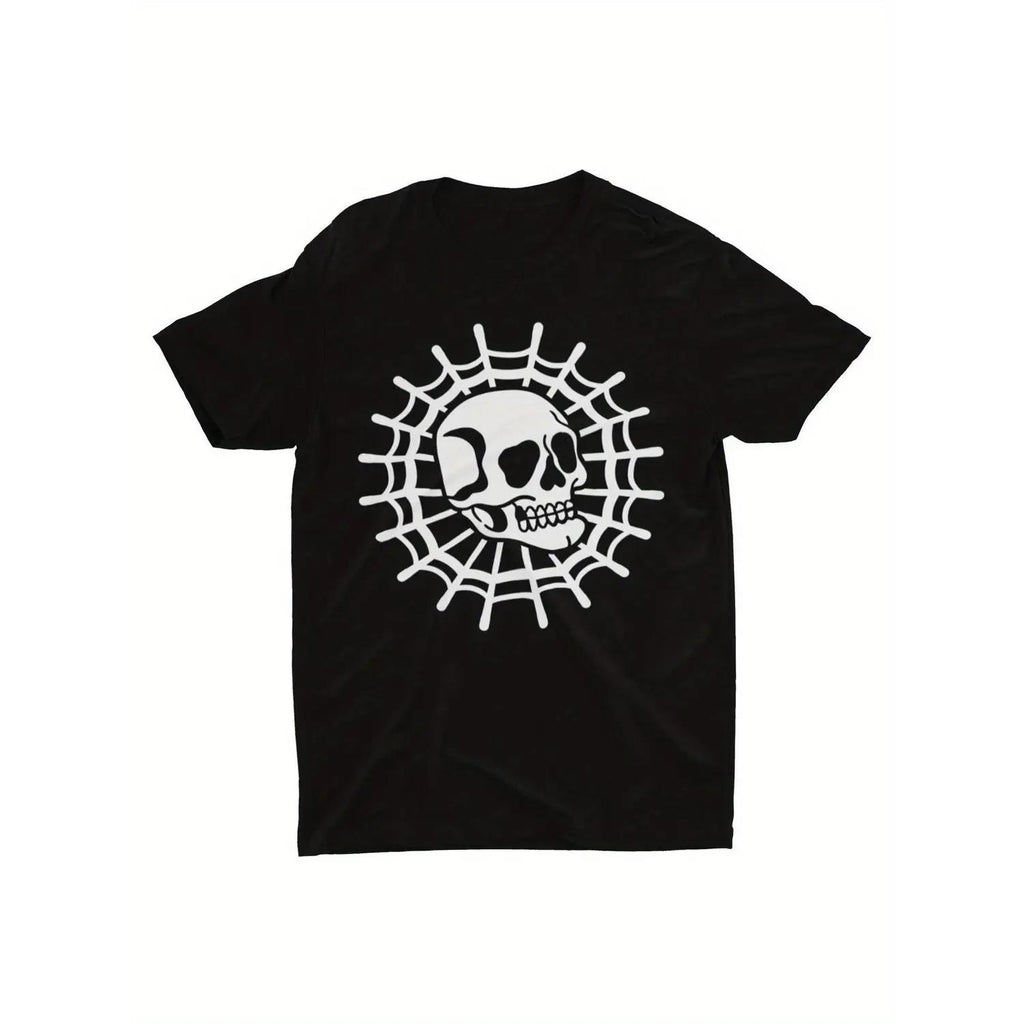 Mens Gothic Skull Graphic Tee Black Cotton Punk Style Shirt with Spider Web Design Edgy Alternative Fashion Comfortable Unisex Casual Top Breathable Cotton Halloween Apparel