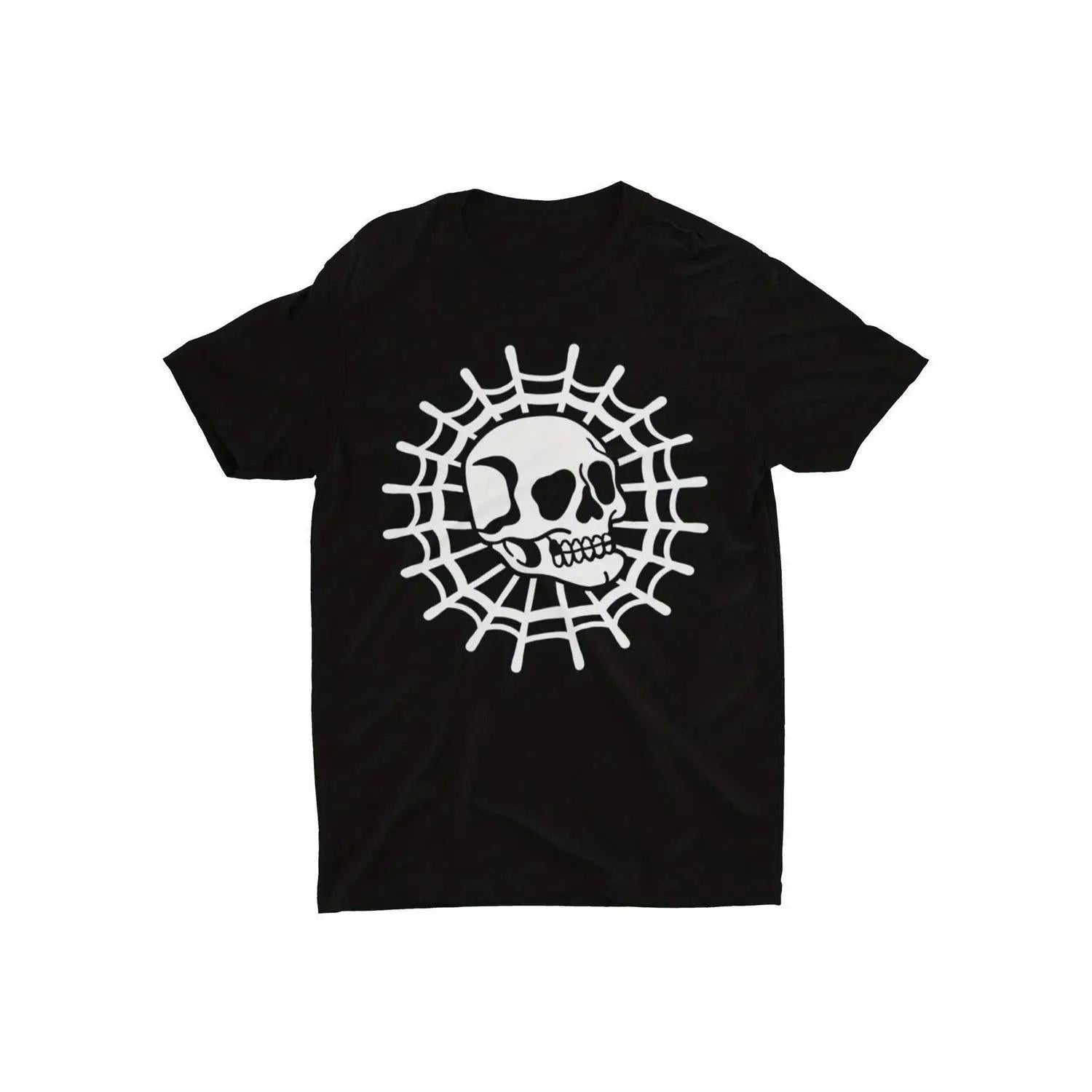 Mens Gothic Skull Graphic Tee Black Cotton Punk Style Shirt with Spider Web Design Edgy Alternative Fashion Comfortable Unisex Casual Top Breathable Cotton Halloween Apparel