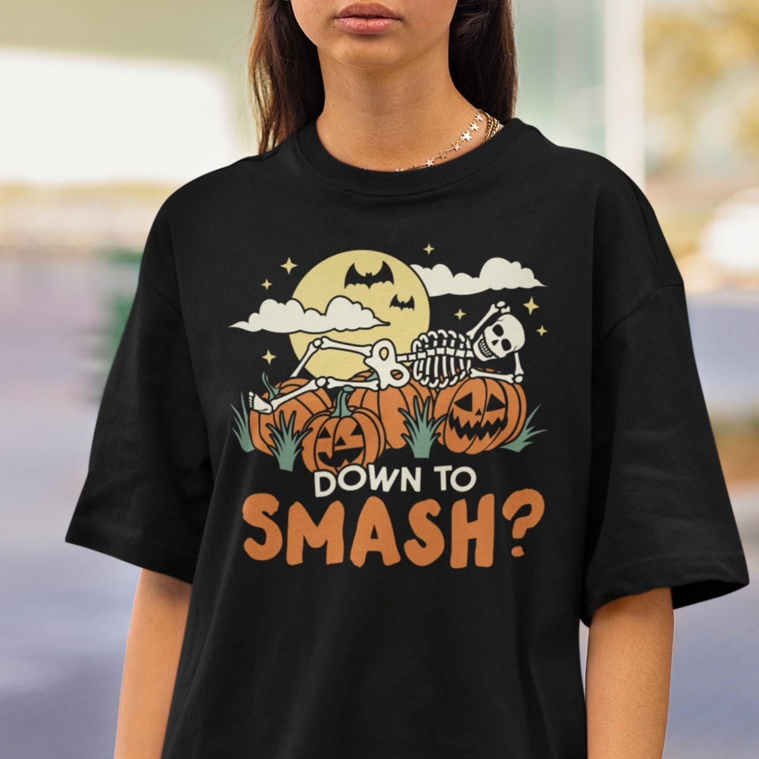 Heavyweight Smash Pumpkins T Shirt Funny Halloween Spooky Festive Party Graphic Tee Jack O Lantern Pumpkin Haunted House Celebration
