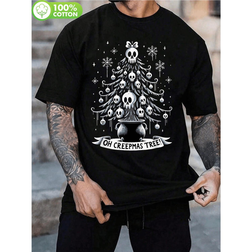Spooky Christmas Horror Graphic Tee for Men Featuring Skeleton Tree and Oh Creepmas Tree Design 100 Cotton Breathable Fabric Casual Holiday Party Wear