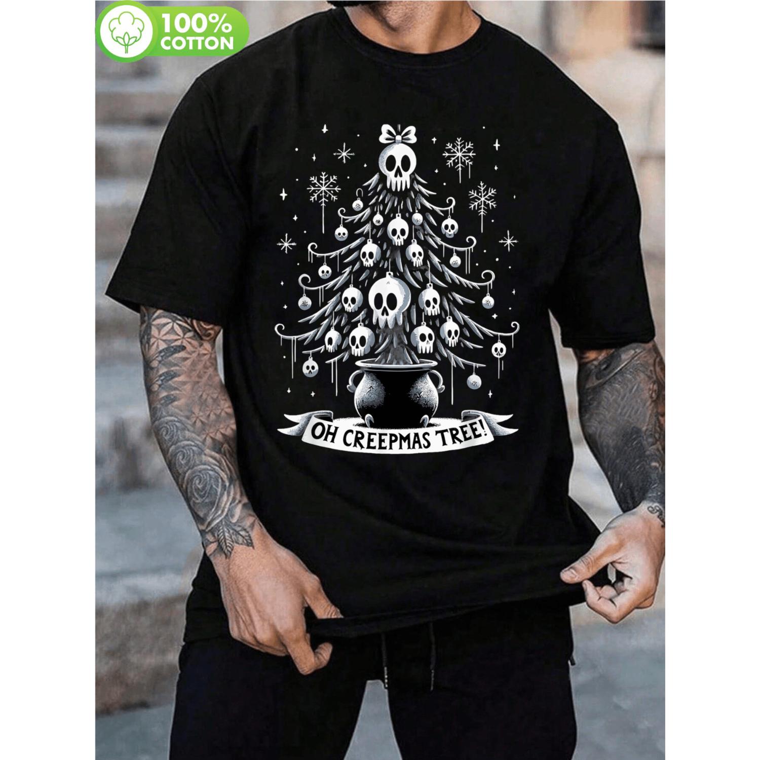 Spooky Christmas Horror Graphic Tee for Men Featuring Skeleton Tree and Oh Creepmas Tree Design 100 Cotton Breathable Fabric Casual Holiday Party Wear
