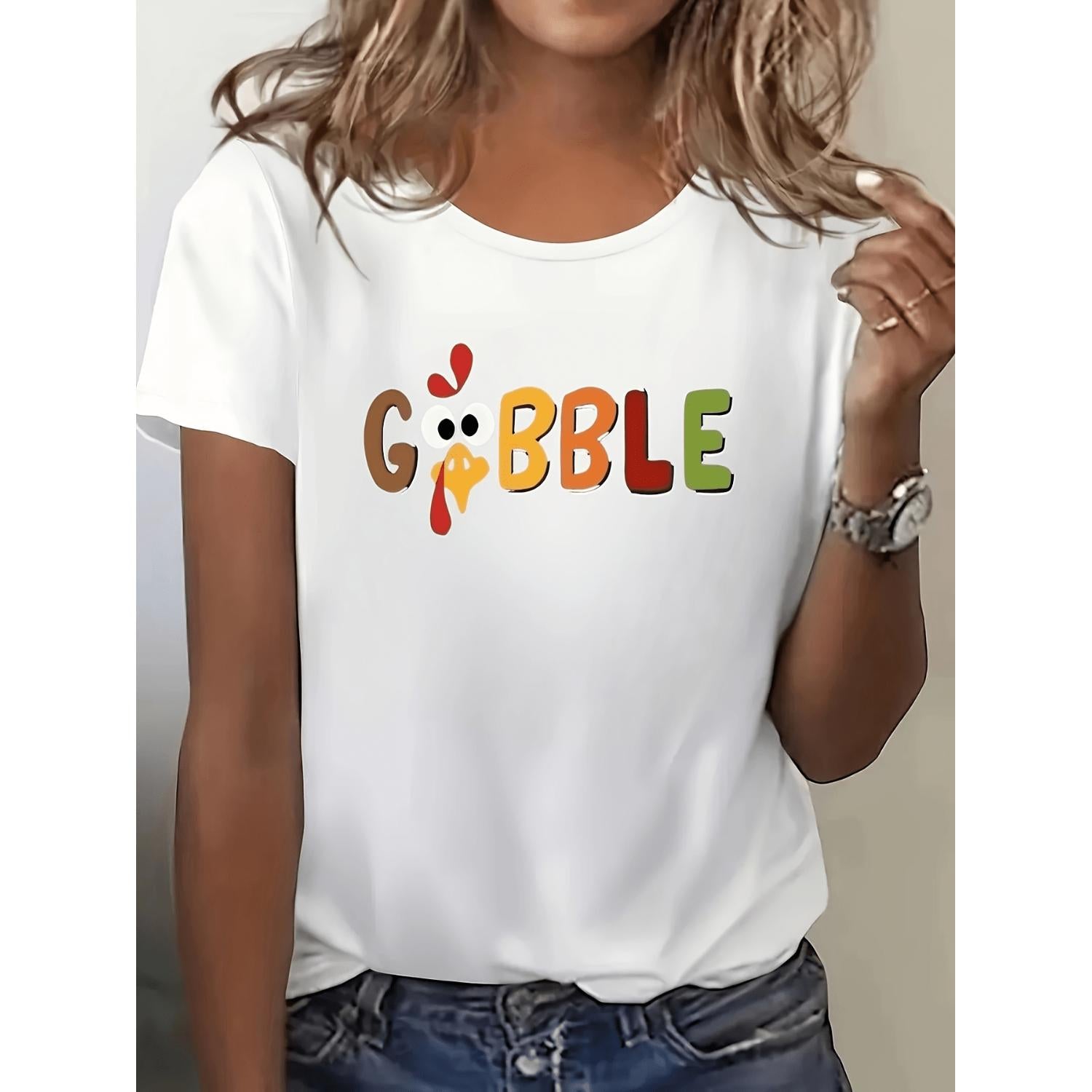 Plus Size Casual Short Sleeve T Shirt with Thanksgiving Turkey and Gobble Graphic Print Soft Stretch Round Neck Top for Holiday Celebrations Comfortable Fit
