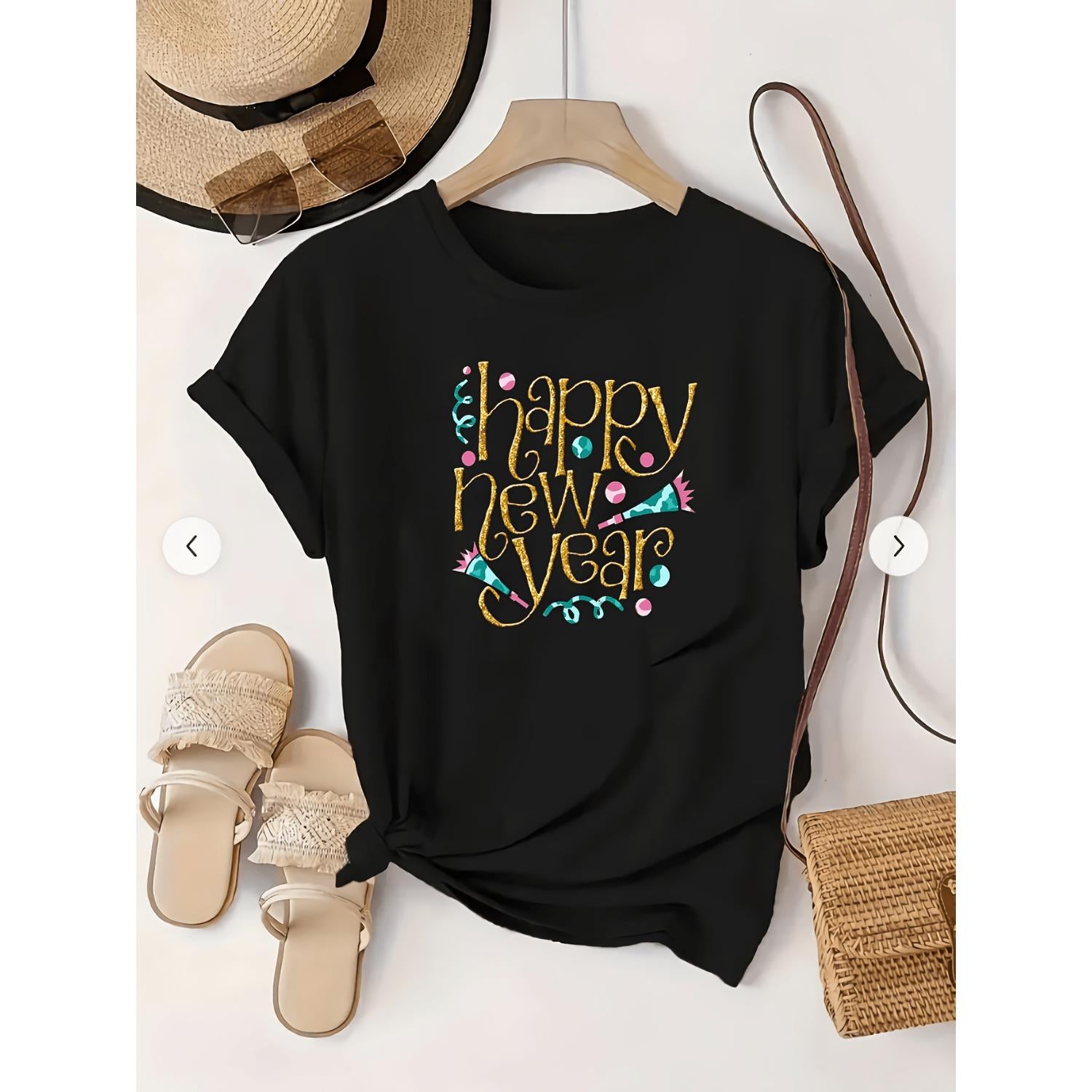 Womens Plus Size Happy New Year Print Tee Black Casual Short Sleeve Crew Neck Top Featuring Golden Glitter And Colorful Geometric Patterns Lightweight Spring Summer Machine Washable Shirt Ideal For Festive Celebration And Fashion Enthusiasts