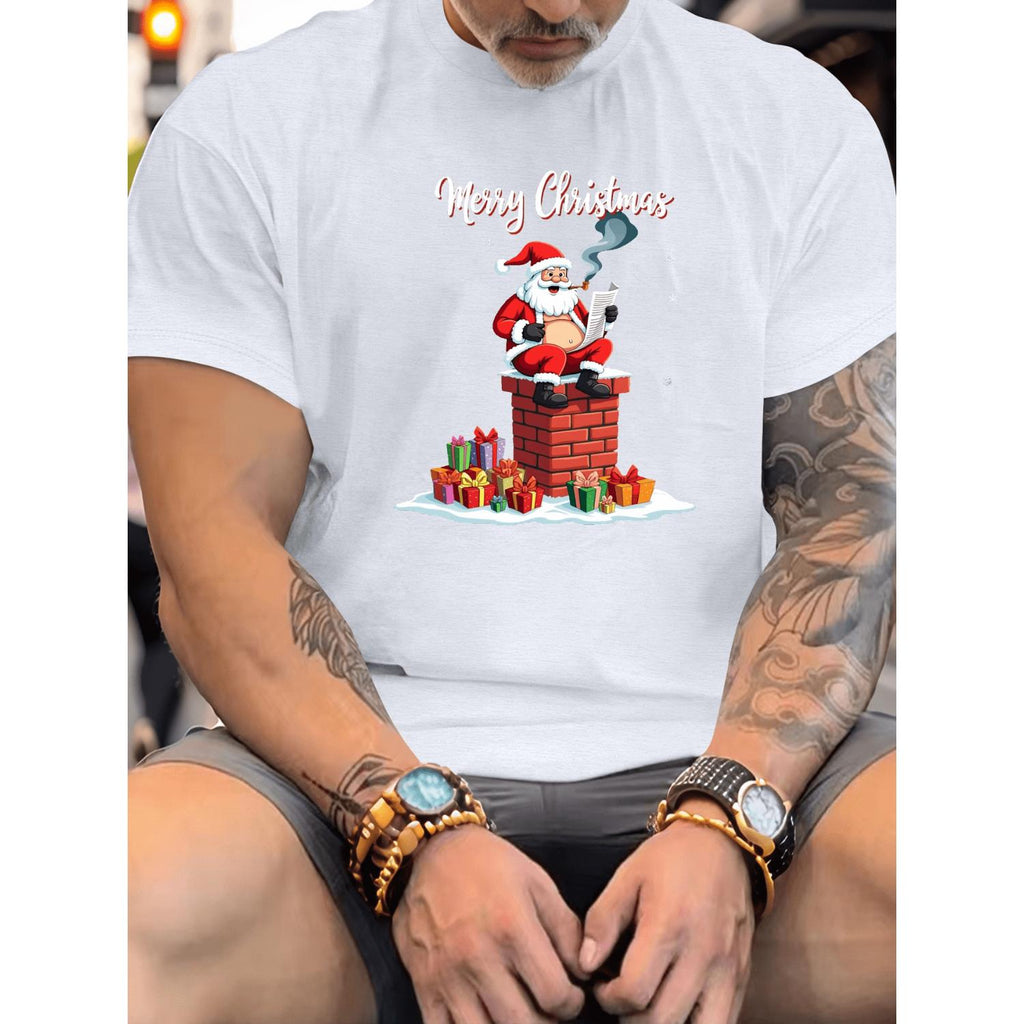 Mens Plus Size Holiday Party T Shirt Black Short Sleeve Casual Tee Featuring Santa And Chimney Graphic Crinkle Fabric Machine Washable Round Neck Big And Tall Christmas Outfit
