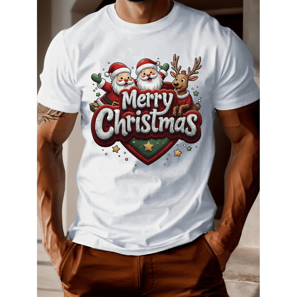 Festive Men's Christmas Santa Claus and Reindeer Graphic T-Shirt Bright Green Holiday Design with Red and Golden Lettering Soft Breathable Fabric Round Neck Short Sleeve Ideal for Christmas Parties and Casual Celebrations