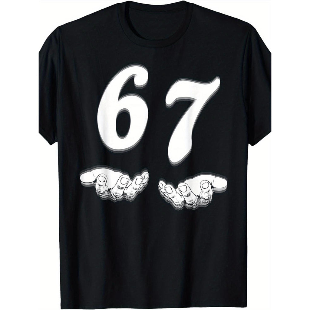 Humorous Sixty Seven T Shirt Featuring Number Joke Design with Unique Hands Iron On Print Perfect for Birthdays Parties and Casual Outings Casual Short Sleeve Print Tee Gift Idea