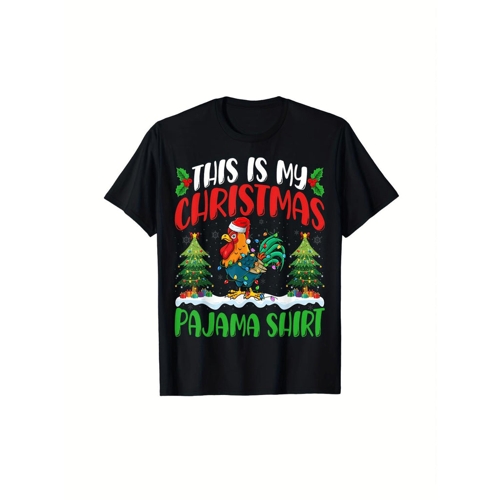 Humorous Christmas Chicken and Rooster Print Short Sleeve Shirt Featuring Santa Hat and Holiday Tree Designed for All Season Comfort