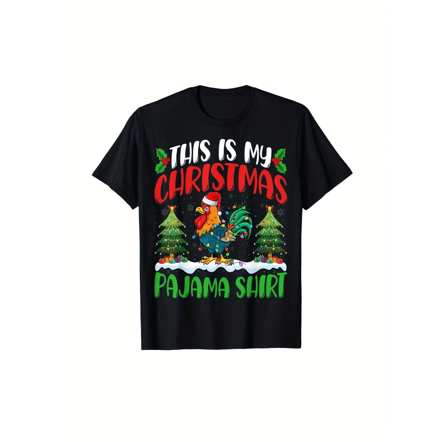 Humorous Christmas Chicken and Rooster Print Short Sleeve Shirt Featuring Santa Hat and Holiday Tree Designed for All Season Comfort
