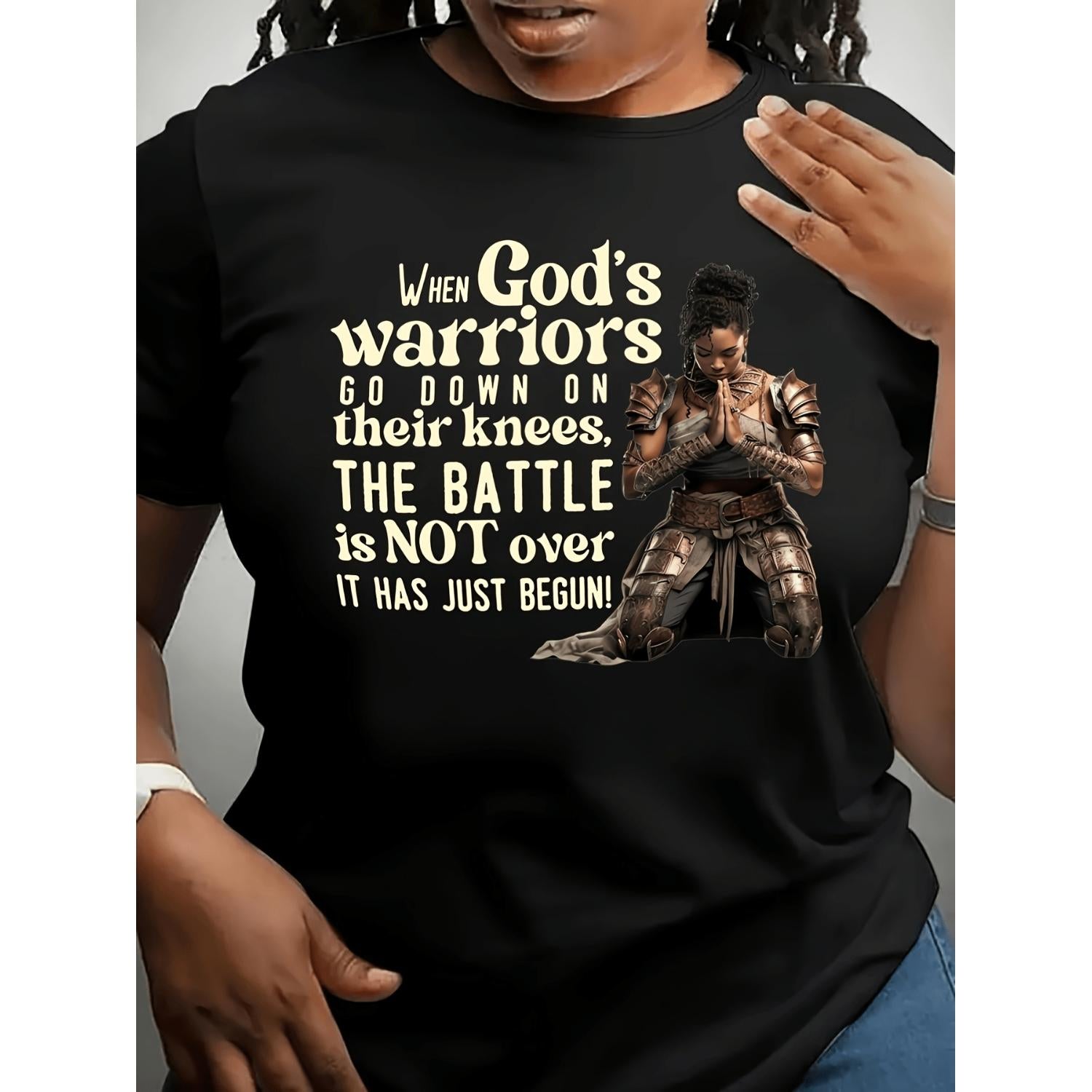Womens Inspirational Warrior Graphic Short Sleeve Crew Neck Casual Spring Summer Top with Motivational Print in Black