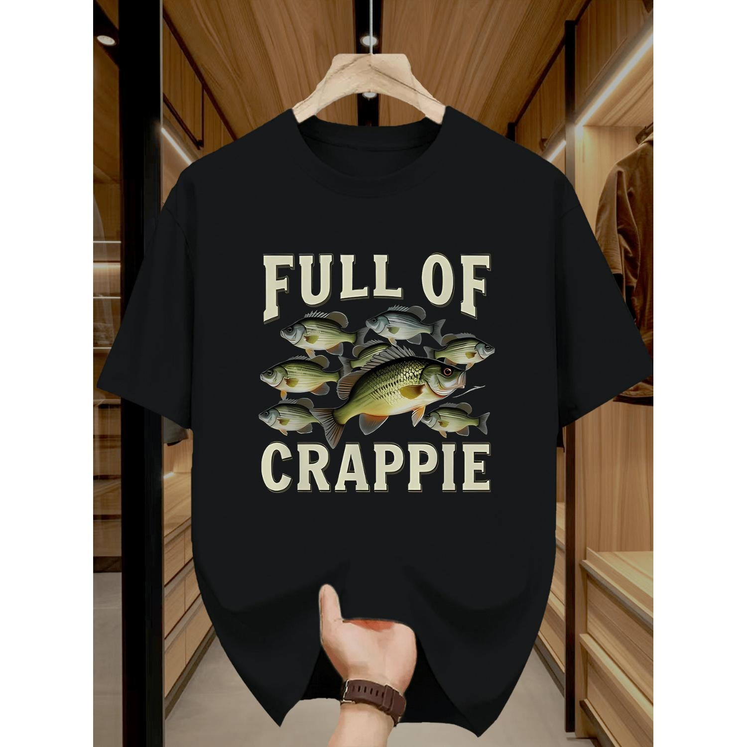 Mens Casual Crew Neck Short Sleeve TShirt Full of Crappie Graphic Print Lightweight Stretch Knit Fabric Regular Fit for Adults Ideal for Summer Outings and Casual Wear Fishing Shirt