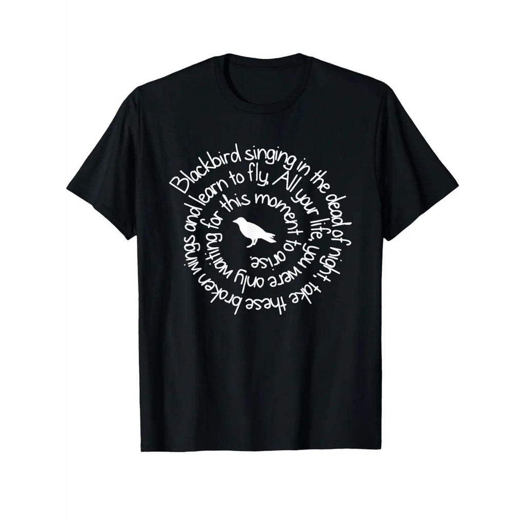 Men S 100 Cotton Blackbird Sings Night Graphic T-Shirt Soft Breathable Casual Round Neck Top Inspirational Quote Crow Illustration Perfect for Halloween Christmas Gifts Year Round Wear Holiday Gift Short Sleeve Tee