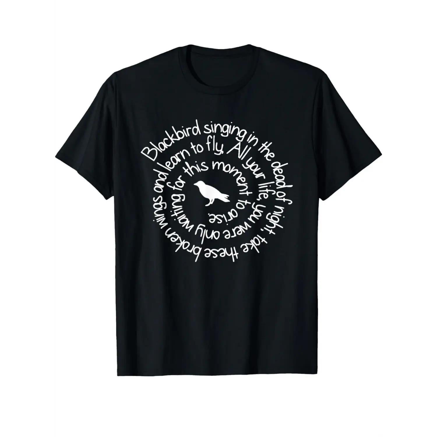 Men S 100 Cotton Blackbird Sings Night Graphic T-Shirt Soft Breathable Casual Round Neck Top Inspirational Quote Crow Illustration Perfect for Halloween Christmas Gifts Year Round Wear Holiday Gift Short Sleeve Tee