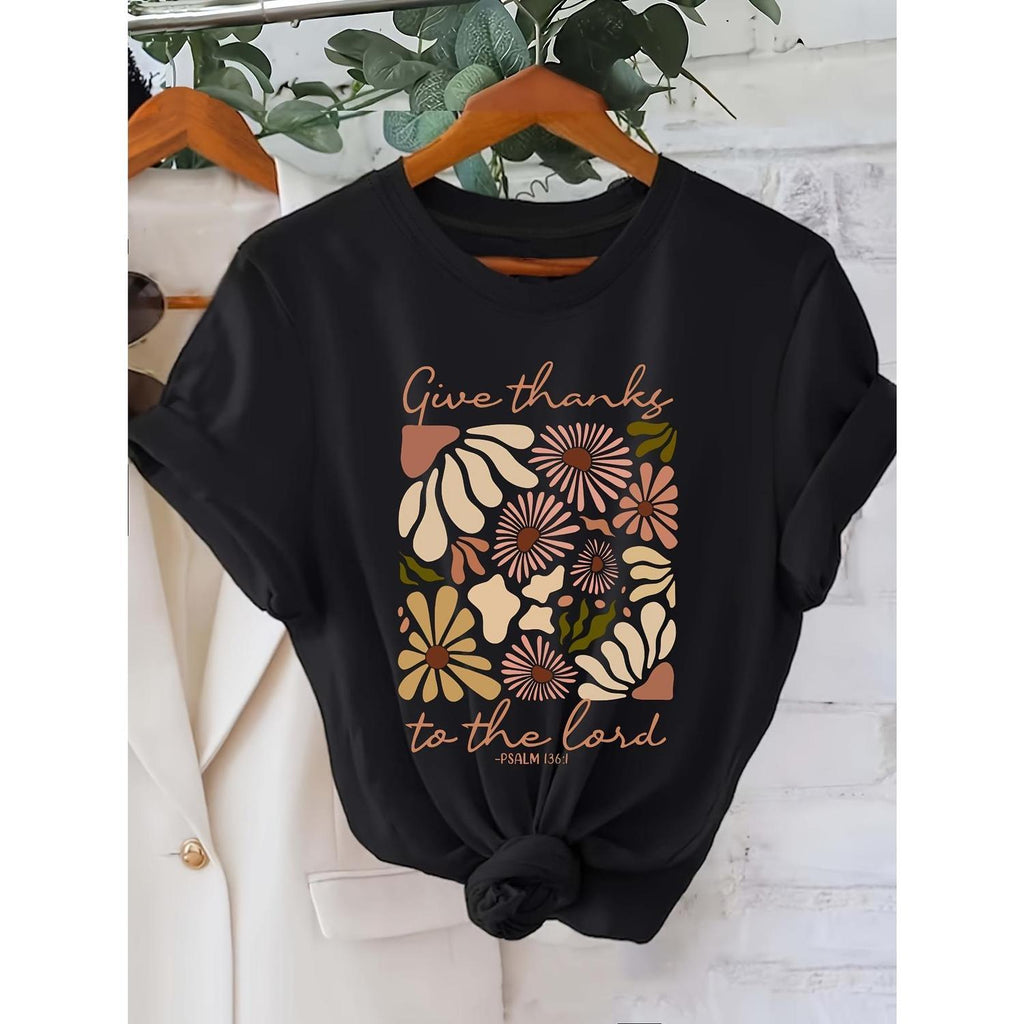 Elegant Women's Thanksgiving Floral Print Short Sleeve Round Neck T Shirt Casual Spring and Summer Botanical Blouse Easy to Wash Comfortable Attire
