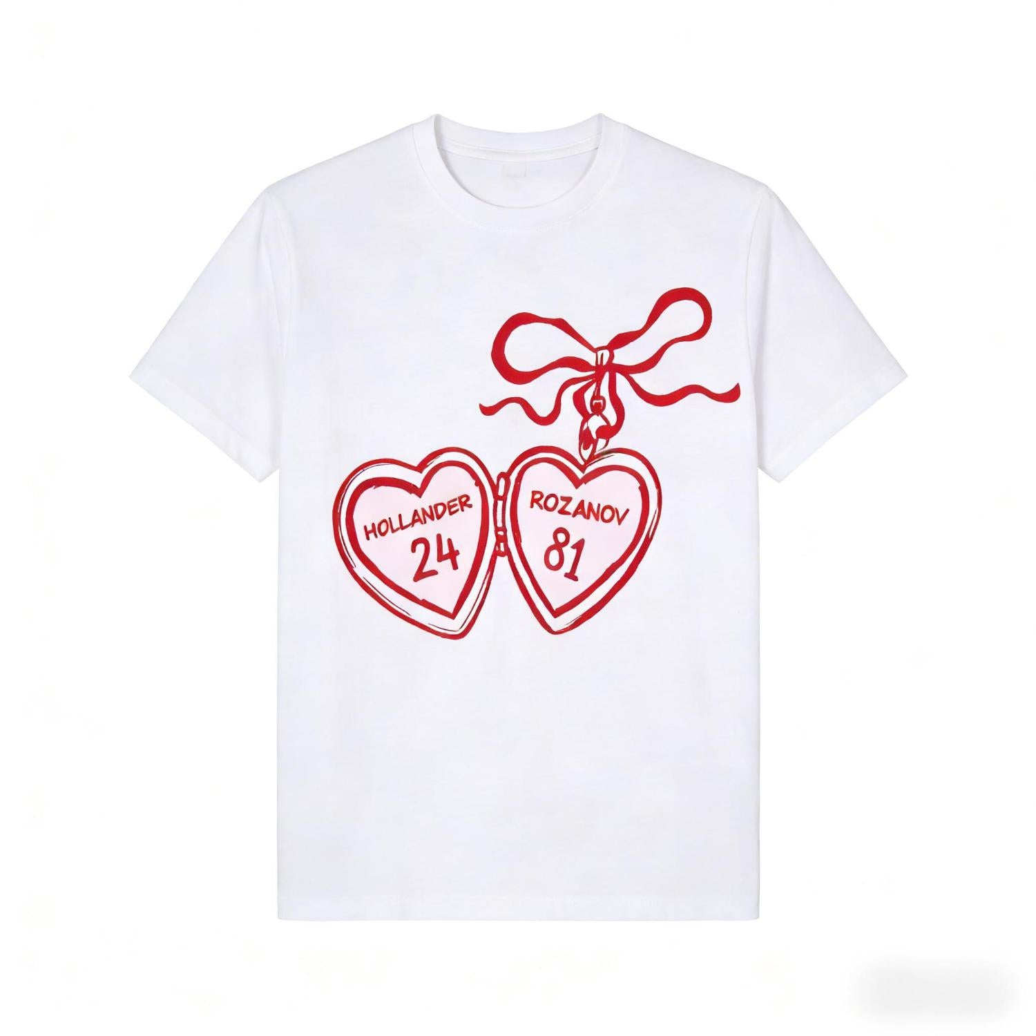 T Shirt With Red Heart Design Featuring Hollander 24 And Rozanov 81 Text Connected By A Bow Ideal For Valentines Day And Romantic Events