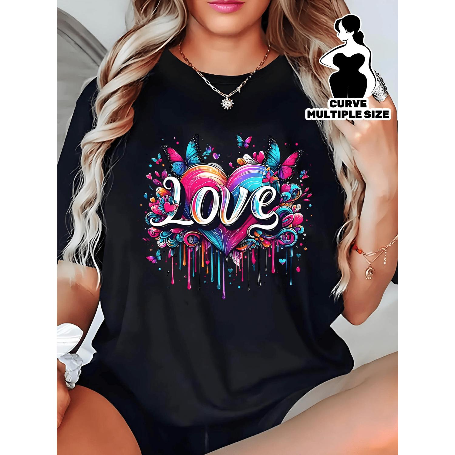 Womens Plus Size Casual Everyday T Shirt Valentines Day Outfits Love Heart Graphic Tee Non See Through Fabric Machine Washable Black Top Comfortable Daily Wear
