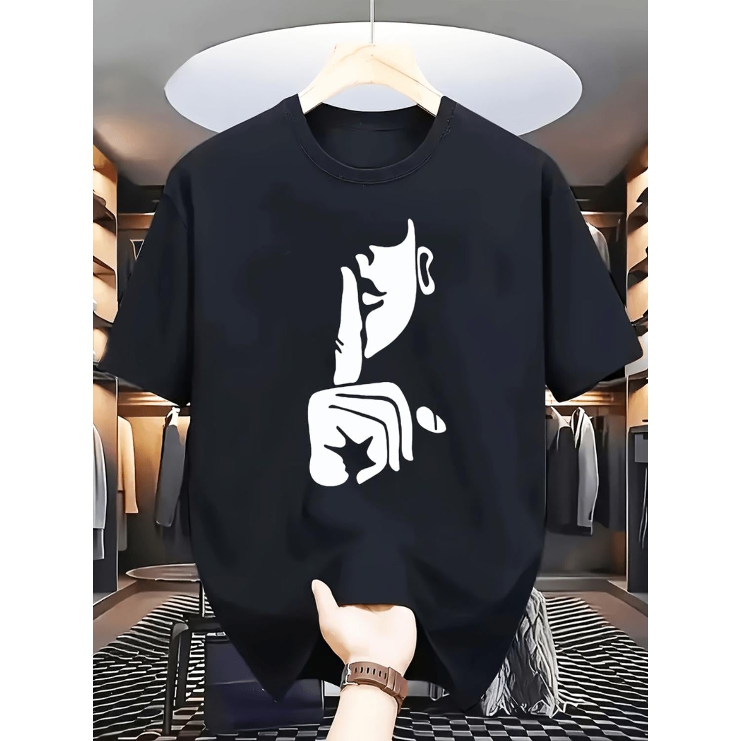 Mens Casual Graphic TShirt Black with White Shushing Gesture Print Lightweight Summer Round Neck Tee Regular Fit for Everyday Wear Bold Statement Shirt with Nontransparent Fabric