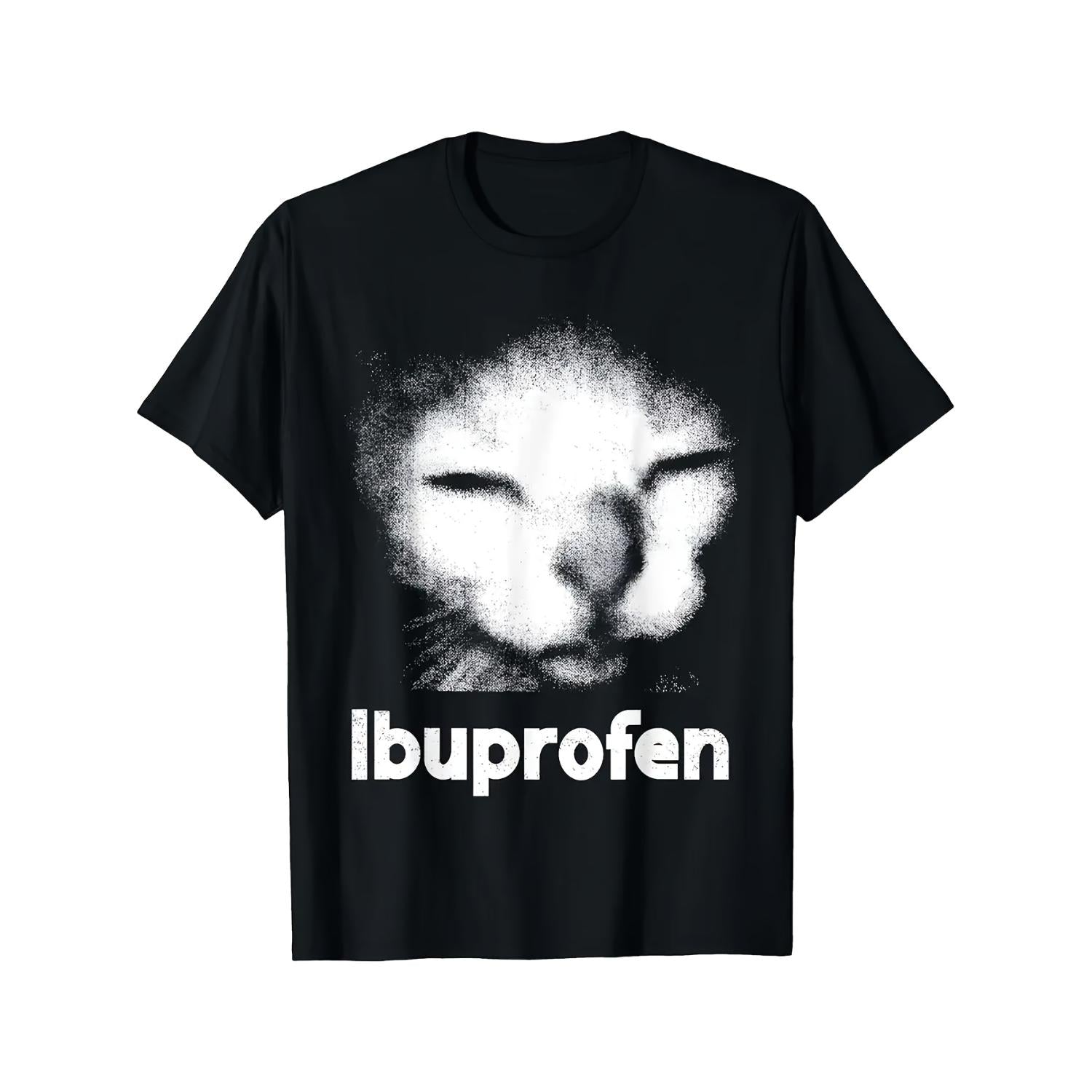Humorous Medication-Themed Graphic Tee Featuring Cringe Ugly Cat Face and Ibuprofen Text for Men and Women Casual Round Neck Short Sleeve Shirt