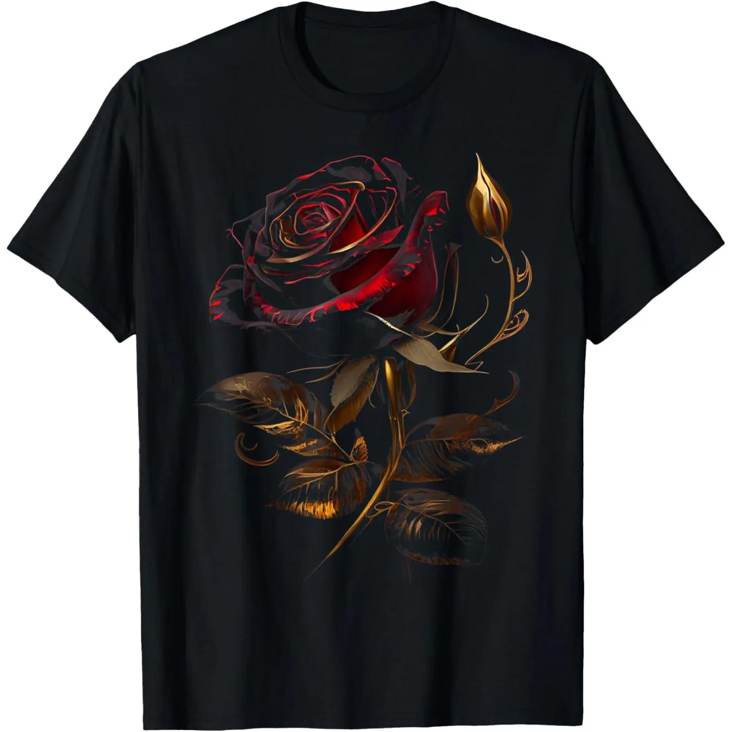 100Percent Cotton Deep Red Rose Black and Gold Graphic Shirt for Men and Women