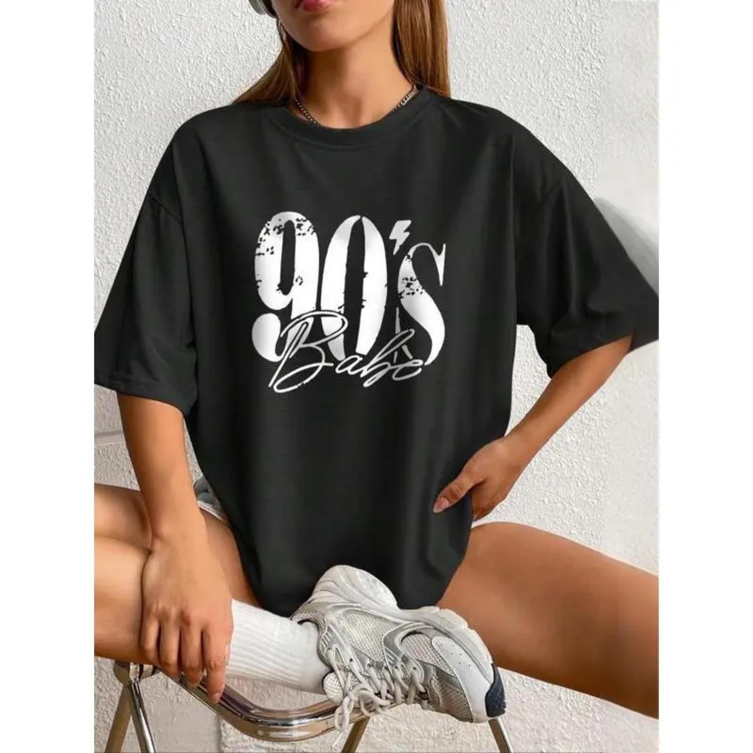 Casual Women's Letter and Figure Print Drop Shoulder T Shirt with Half Sleeves and Round Neck for Summer Daily Wear Vacation and Outing Tops