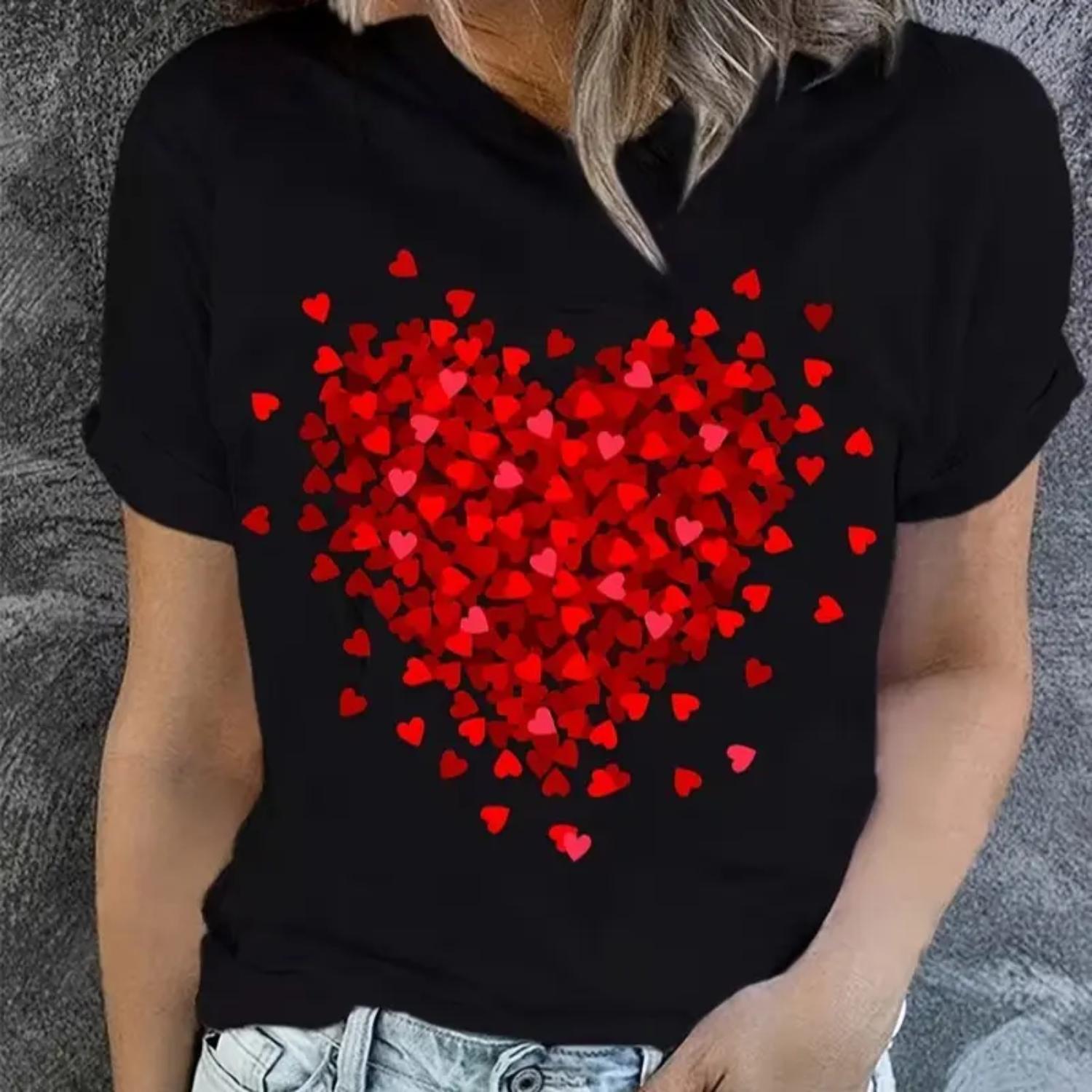 Heart Print TShirt Short Sleeve Crew Neck Casual Top for Women's Spring and Summer Wear