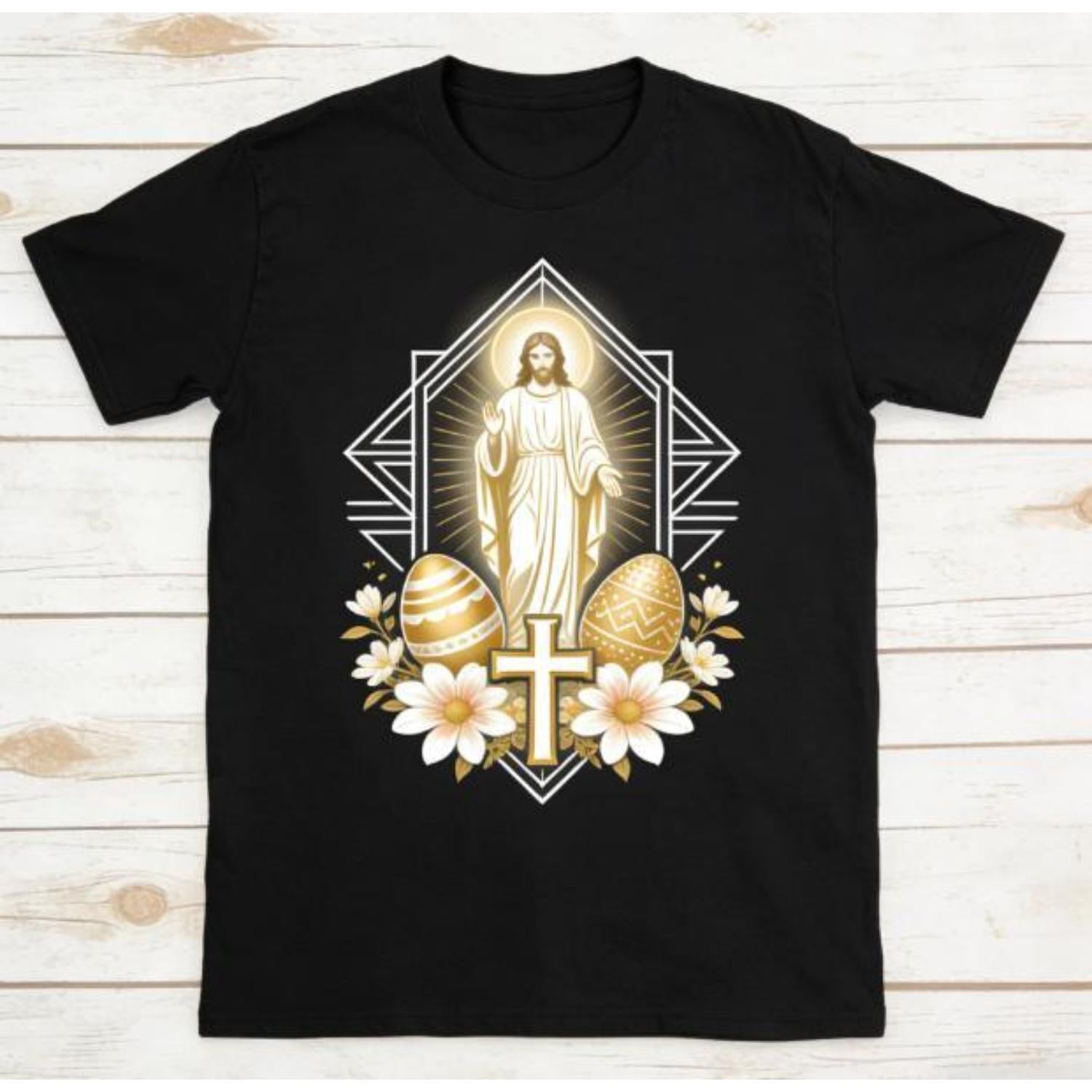 Art Deco Jesus Resurrection TShirt with Gold Cross Easter Eggs and Florals Christian Religious Apparel for Men and Women Ideal for Church Celebrations Easter Brunch and Faith Events