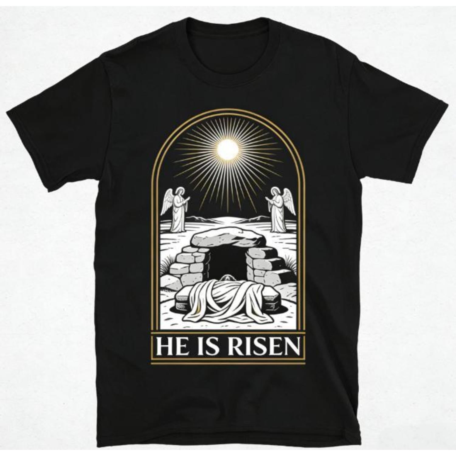 He Is Risen TShirt Featuring Vintage Style Angels and Burial Cloth Ideal for Easter Church Events and FaithBased Family Gatherings