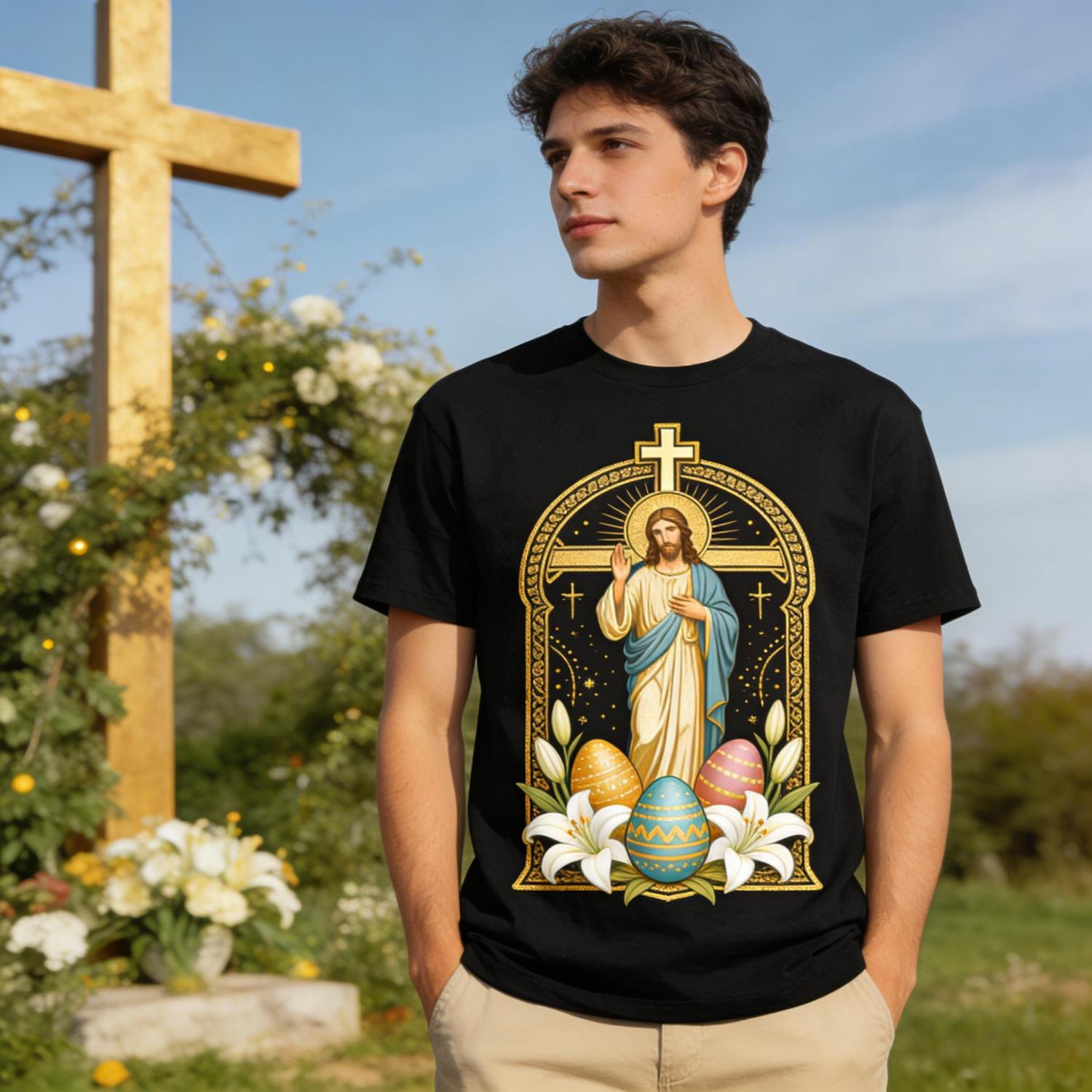 Easter Jesus Resurrection T-Shirt Featuring Ornate Arch Cross Easter Eggs and Lilies Religious Faith Apparel for Men and Women Suitable for Church Holiday Brunch and Christian Celebrations