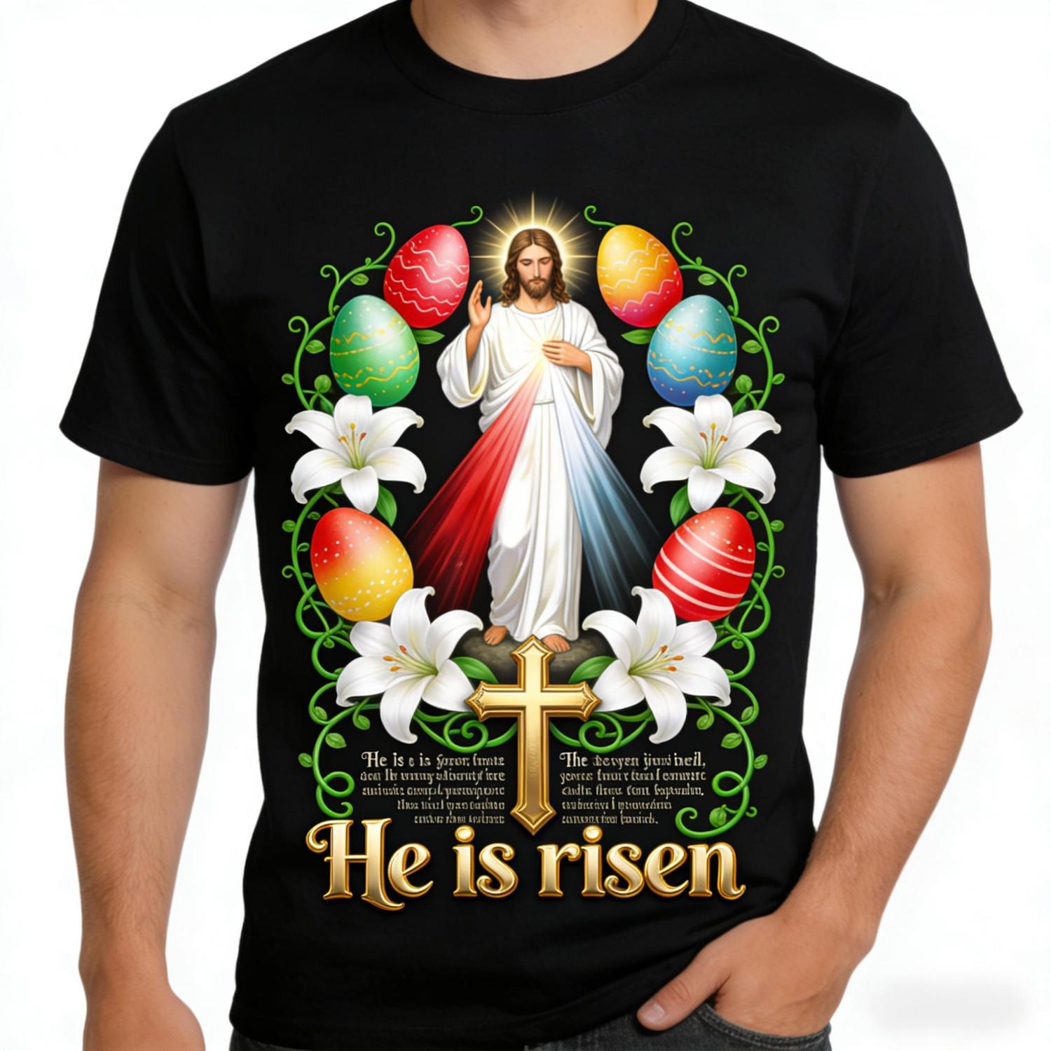 He Is Risen Easter T Shirt Featuring Empty Tomb Angels Doves and Easter Eggs Religious Christian Apparel for Men and Women Perfect for Sunday Worship Church Events and Holiday Brunch