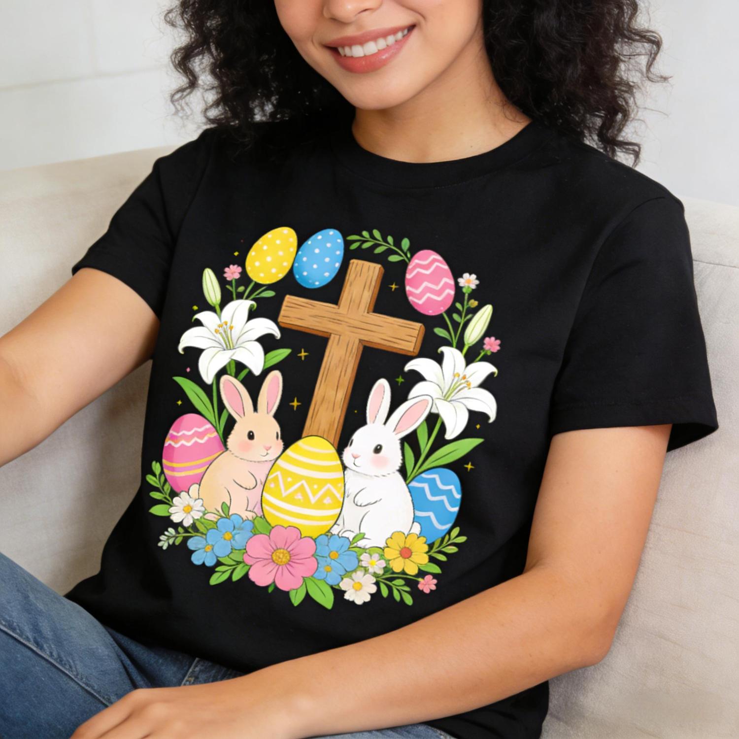 Celebrate Easter with a Cute Bunny Basket T-Shirt Featuring a White Bunny Eggs and Lilies Perfect Holiday Apparel for Family Brunch and Egg Hunts