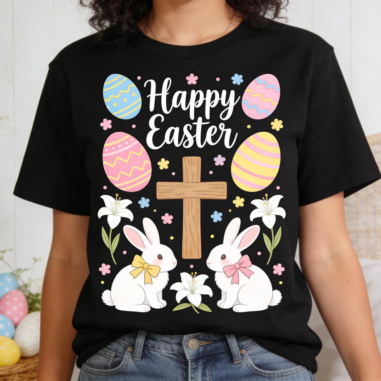 Easter Cross and Double Bunnies TShirt Featuring Wooden Cross Lilies Eggs and Floral Design Ideal for Church and Spring Celebrations