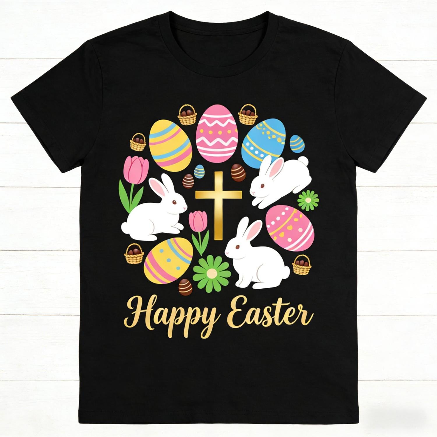 Easter Celebration Gold Cross T Shirt Featuring Bunnies Eggs and Tulips Fun Faith Based Apparel for Men Women Perfect for Family Egg Hunts and Holiday Festivities