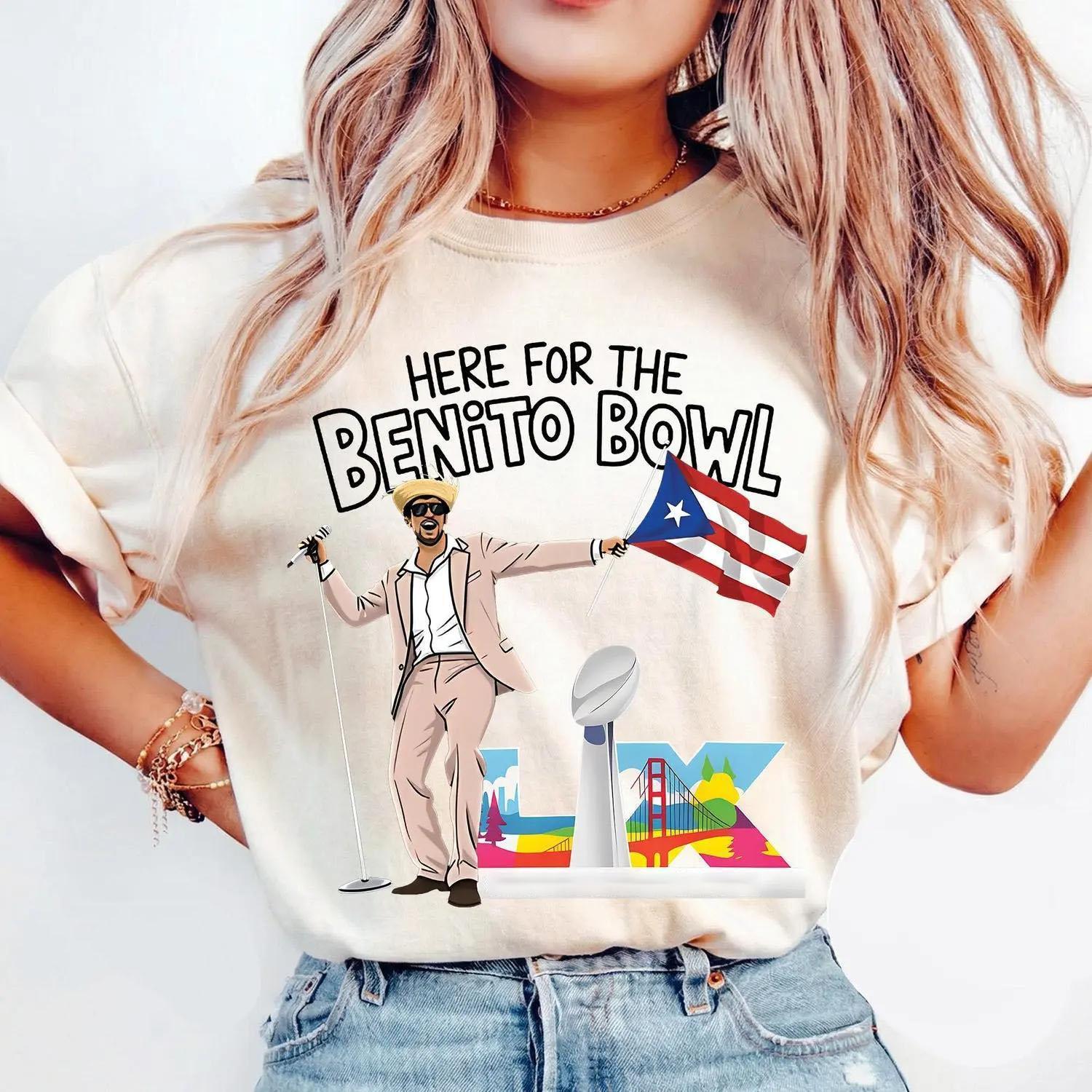 Bad Bunnie Graphic T Shirt Featuring 2026 Halftime Concert Latin Music and Benito Bowl Designs