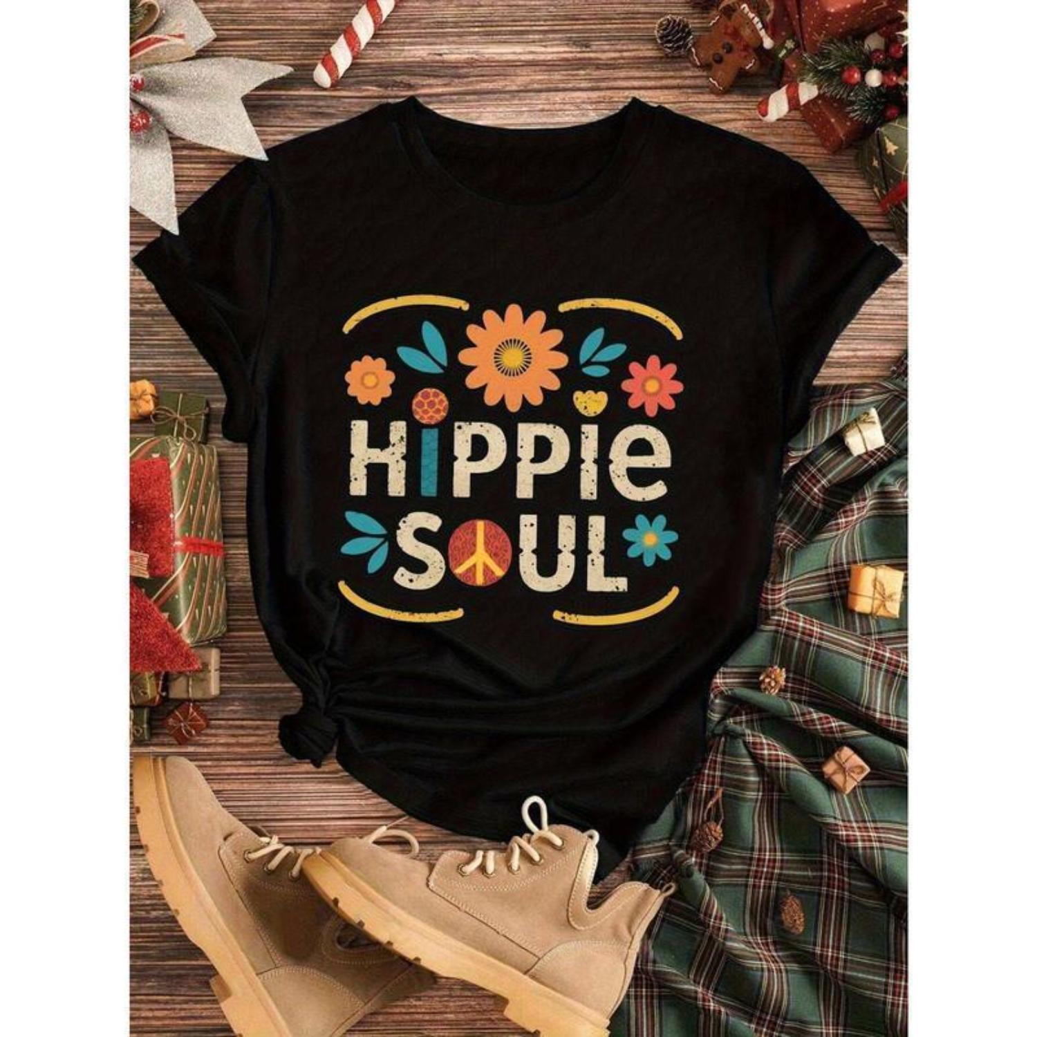 Bold Style Women's TShirt Featuring Colorful Florals and Peace Logo Pattern Casual ShortSleeved Crew Neck Hippie Outfit