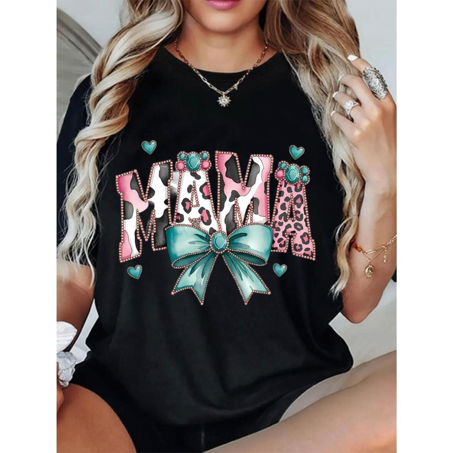 Women Oversized Loose Fit Graphic T Shirt Mama Design With Hearts Bows And Leopard Print Soft Breathable Crew Neck Short Sleeve Casual Tee For Mothers Day Gift All Season Comfort Unisex